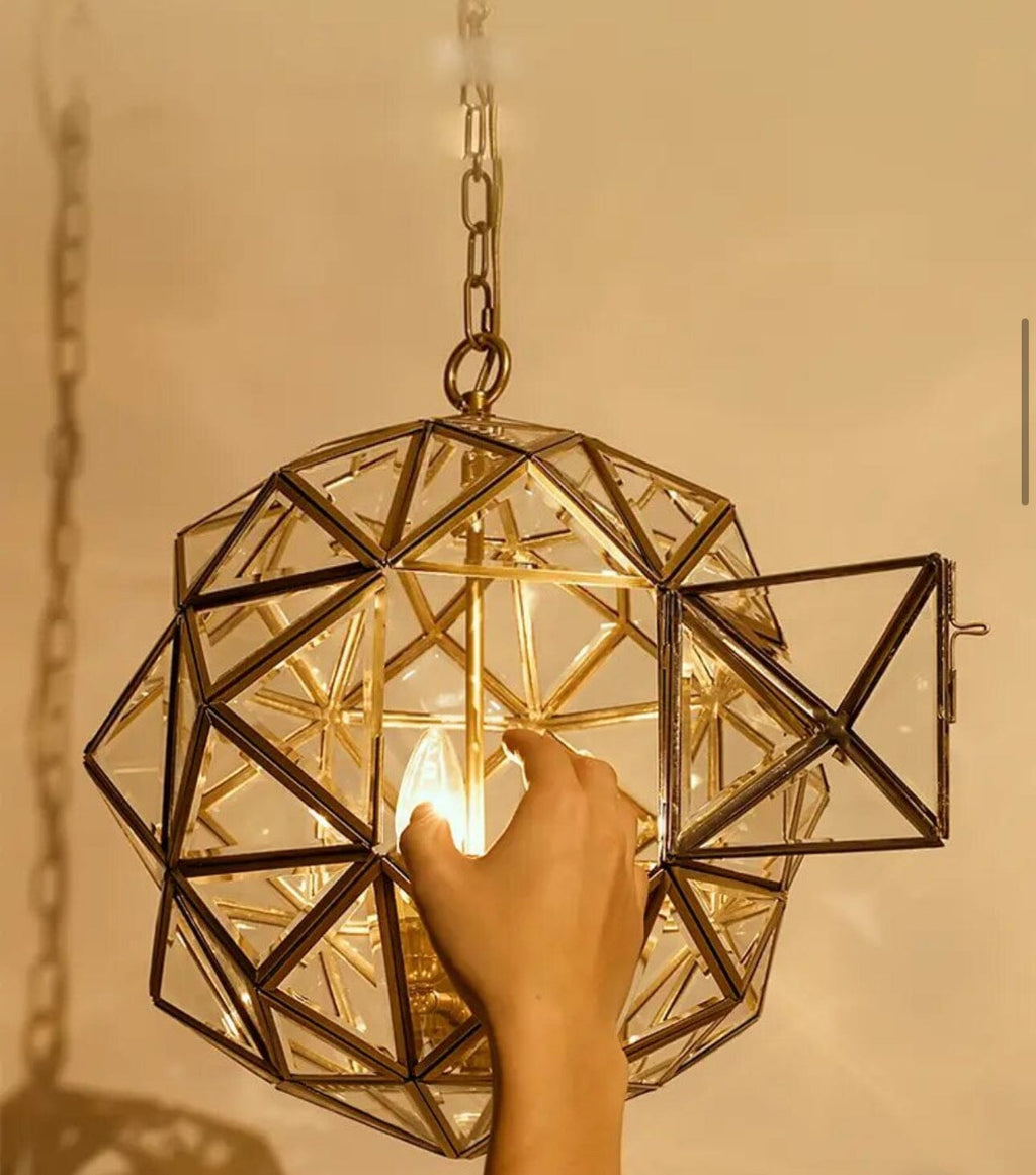 Copper Accented Geometric Glass Pendant Light For Indoor And Outdoor Use