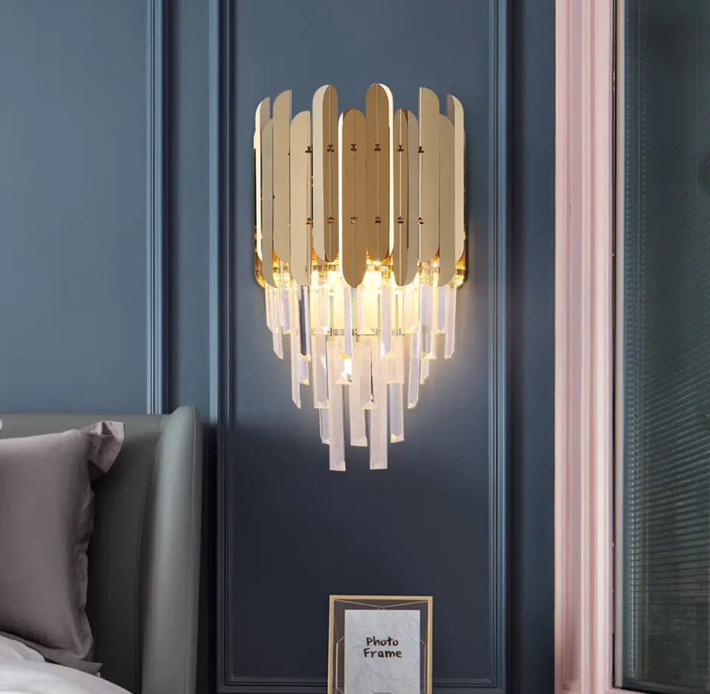 Elara Crystal Wall Lamp With Chrome And Gold Finish Dangling Crystal Bars