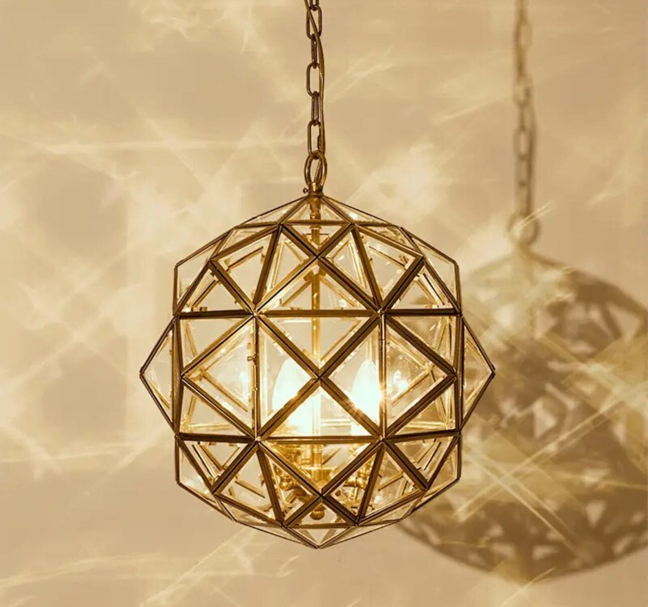 Copper Accented Geometric Glass Pendant Light For Indoor And Outdoor Use