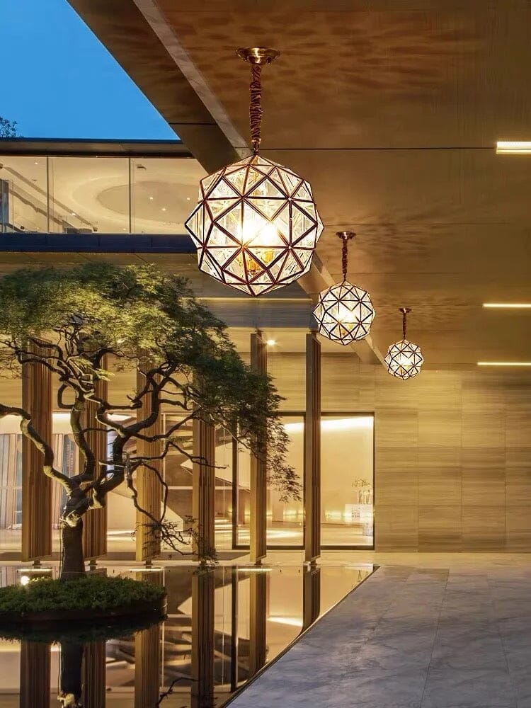 Copper Accented Geometric Glass Pendant Light For Indoor And Outdoor Use