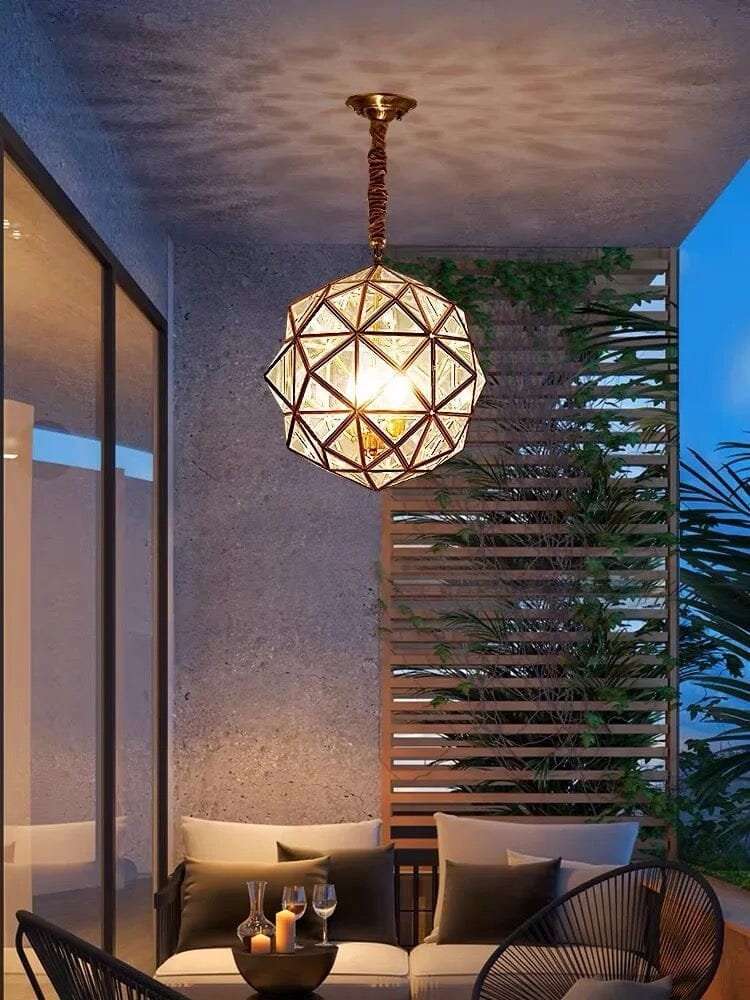 Copper Accented Geometric Glass Pendant Light For Indoor And Outdoor Use