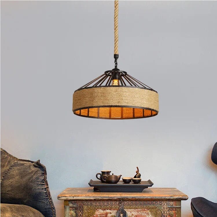 Lyra Hemp Rope Pendant Light With Retro Bar Lampshade