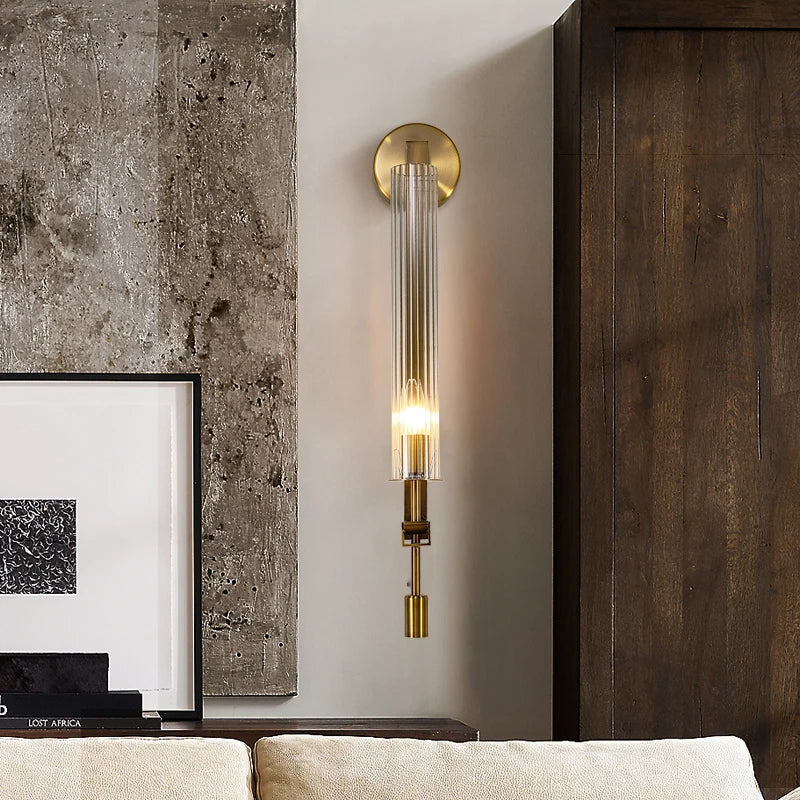 Aurelia Copper Base Wall Lamp With Edison Ribbed Glass Cylinders