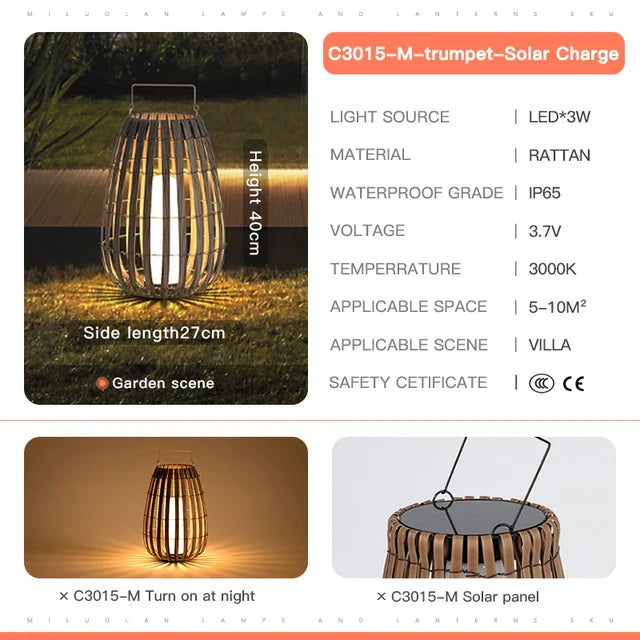 Liora Rattan Solar Lantern for Outdoor Garden Lighting