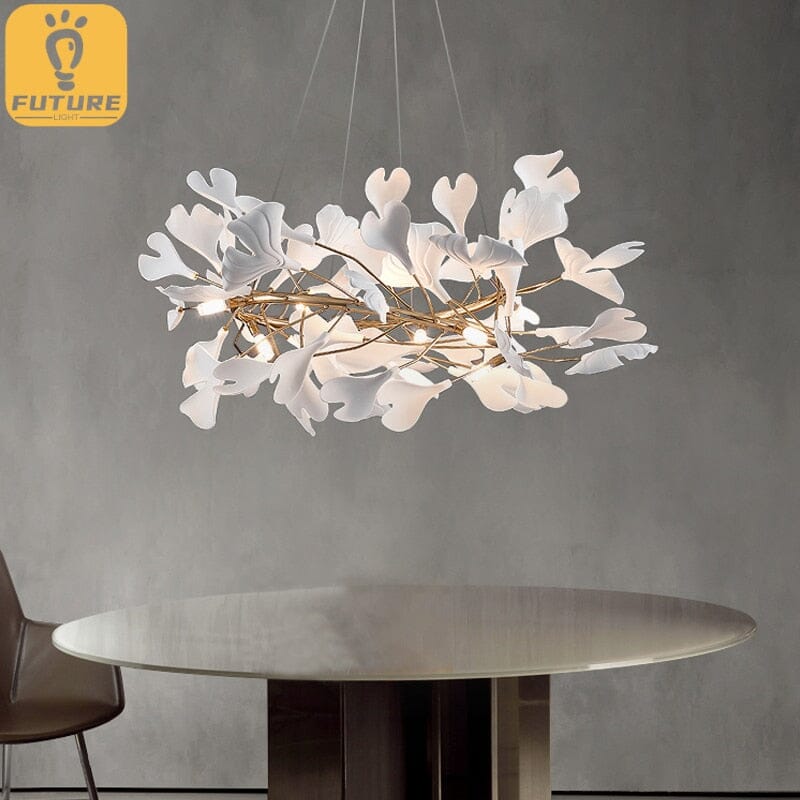 Aurelia Porcelain Leaf Pendant with Adjustable Chain and White Ceramic Shade