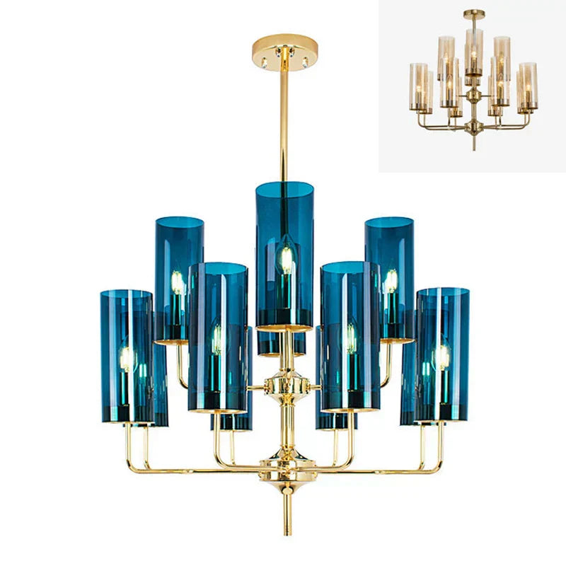 Luminere Blue Glass LED Chandelier With Gold-Plated Frame