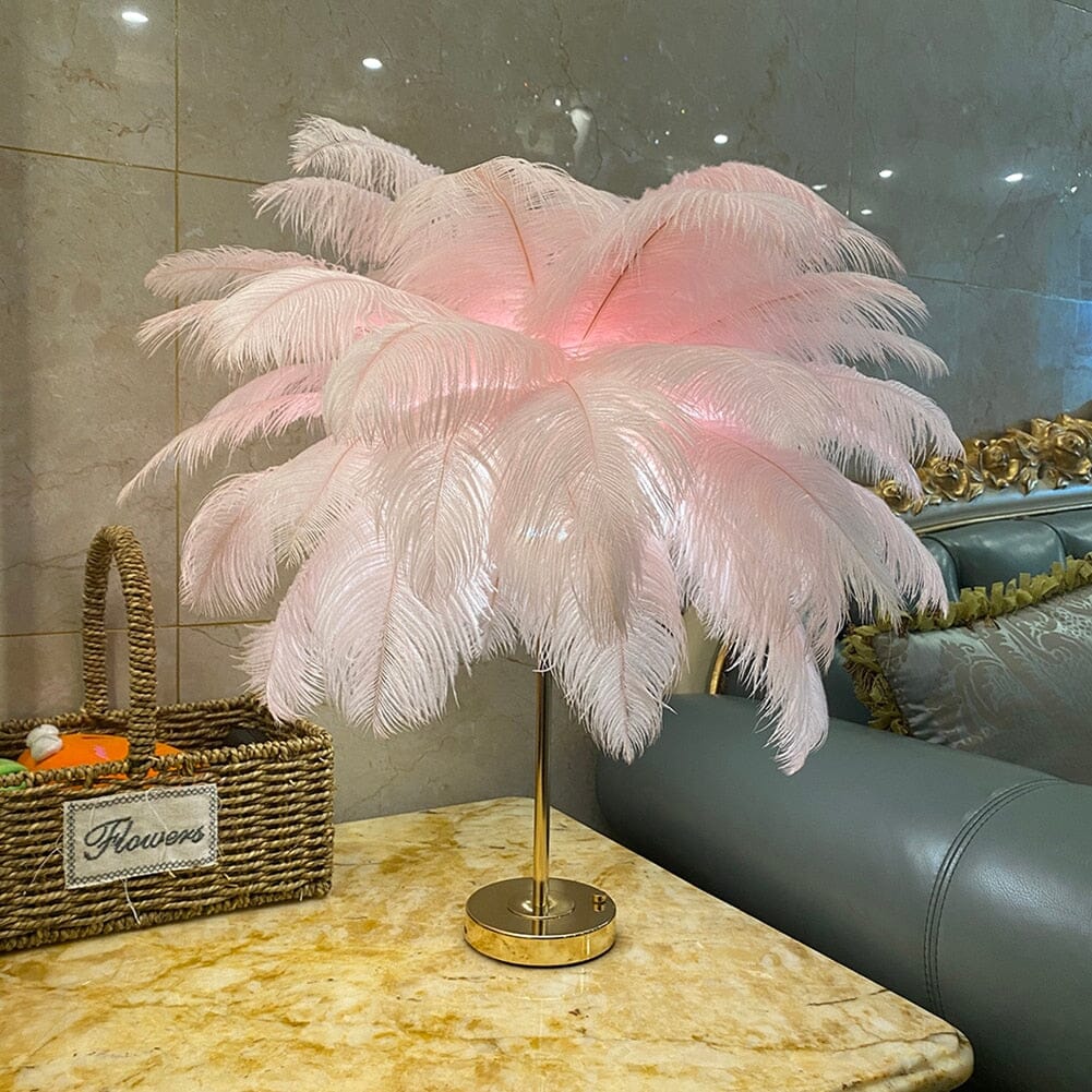 LyraFeather LED Lamp With Ostrich Fur And Metal Base
